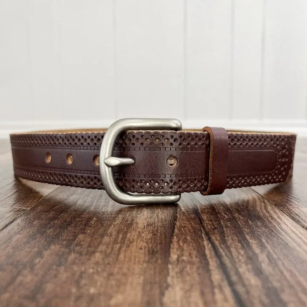 Laser Cut Belt Scallop Edge Solid Brass Buckle Bonded Leather Size Medium Brown